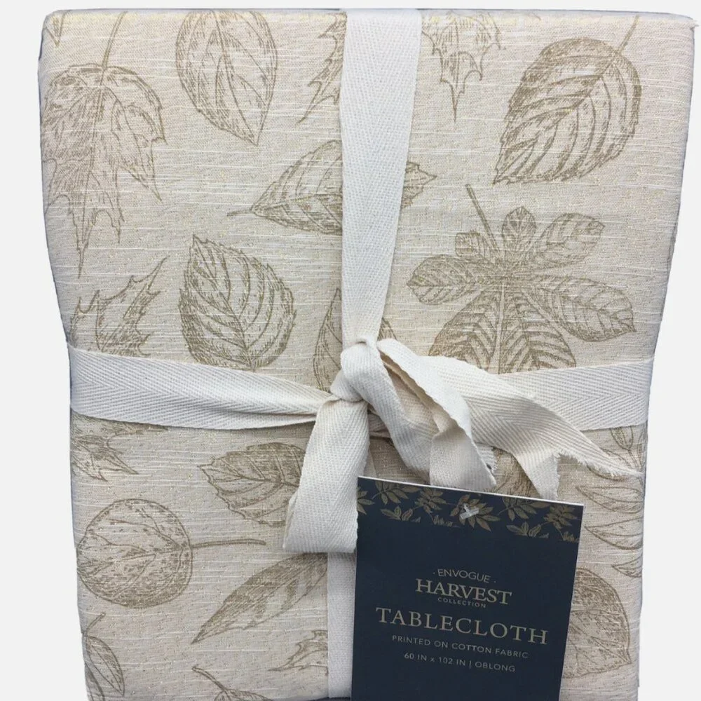 Envogue Harvest Fall Leaves Tablecloth 60x102 Gold Shimmer Tan Thanksgiving